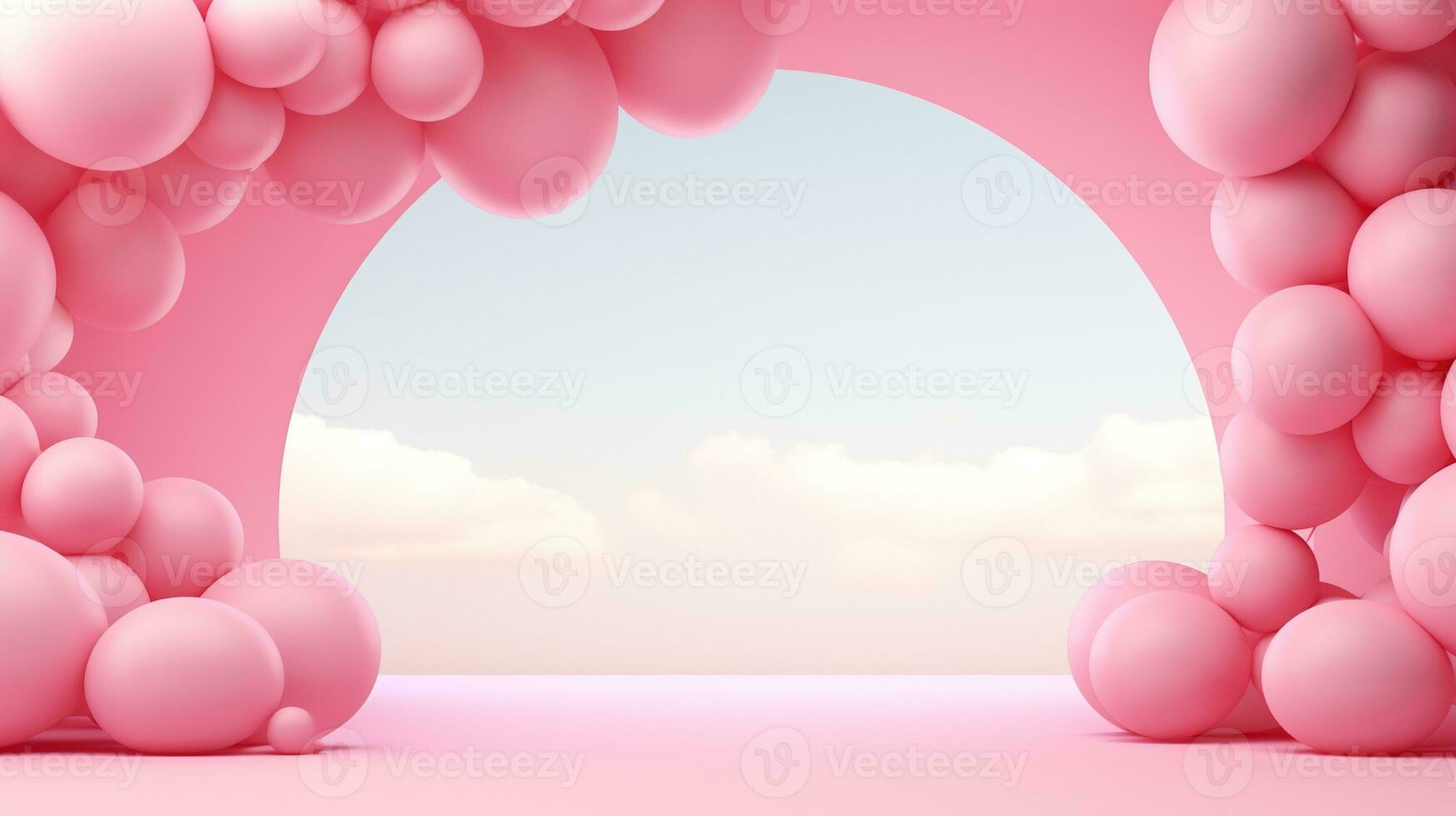 Generative AI, arch of pink balloons. Birthday party for girl 3d background, shower. Mockup, template for greetiing card photo