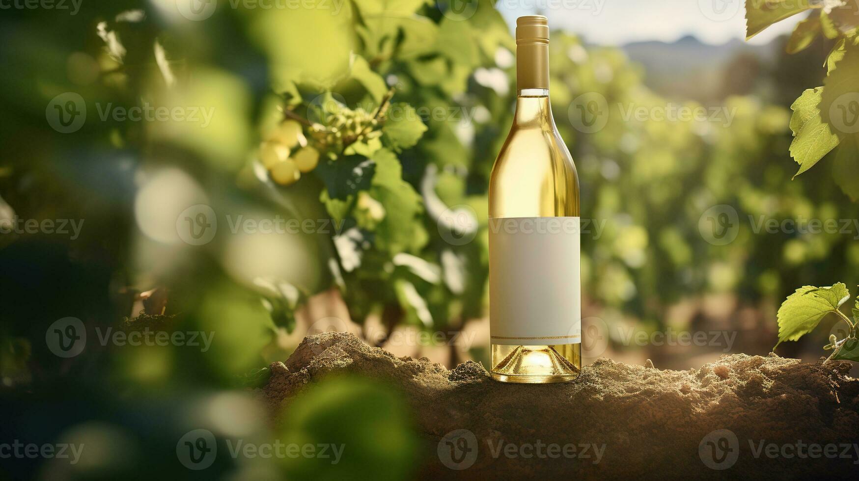 Generative AI, white wine bottle mock up on vineyrad landscape in the sunshine, cope space and place for logo photo