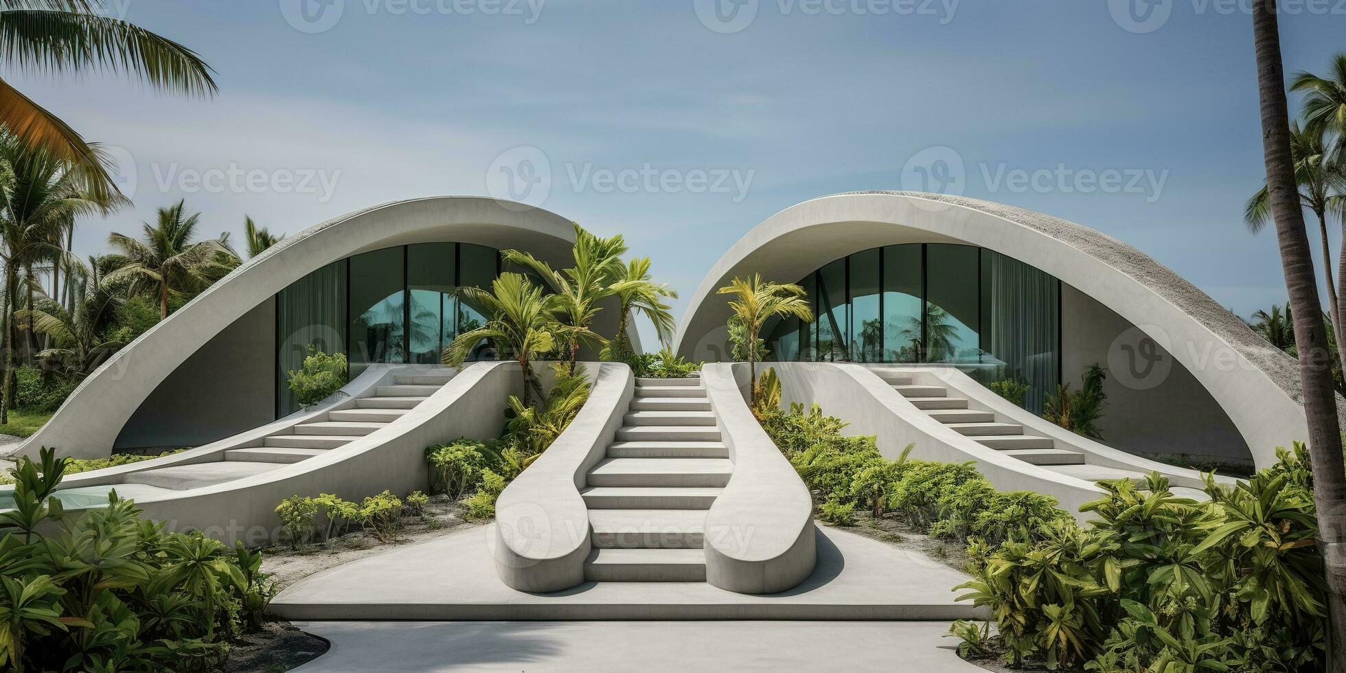 Generative AI, modern luxury house with lush tropical garden. Villa, hotel resort, architectural photography in the style of futuristic curves photo