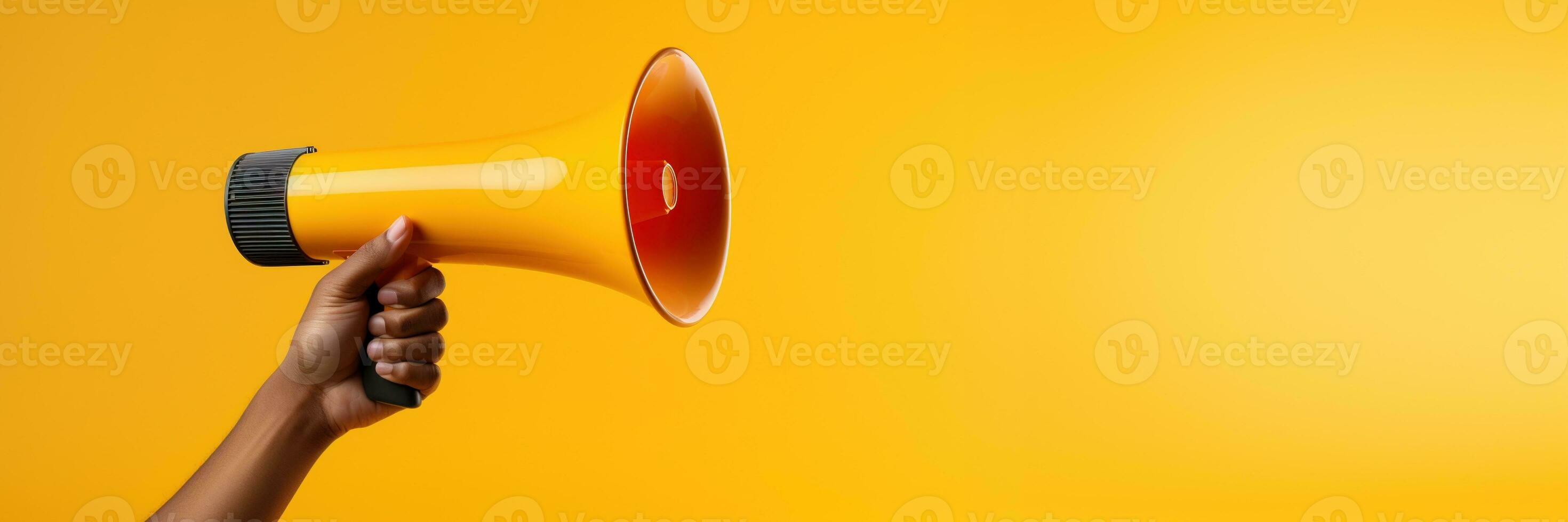 Generative AI, megaphone in hand on a empty yellow background, panoramic image with copy space photo