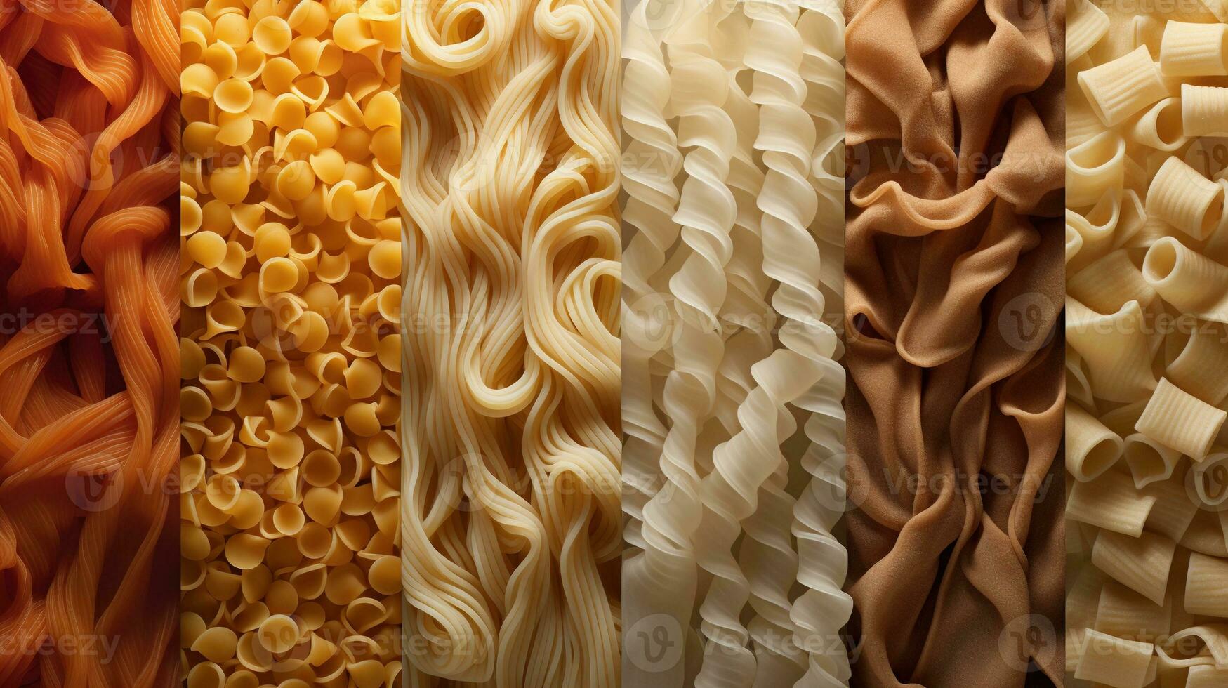 Generative AI, Variety of types, colors and shapes of Italian pasta, texture background photo