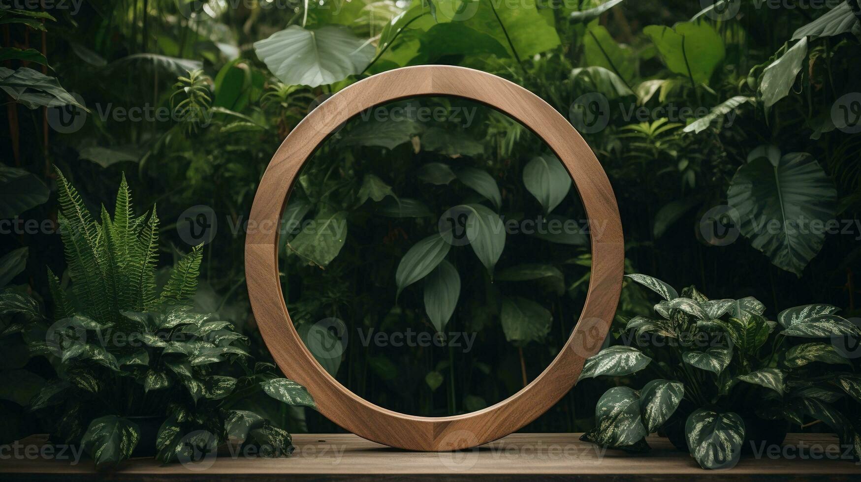 Generative AI, Empty circle wooden frame and tropical leaves on jungle background. For product display. photo