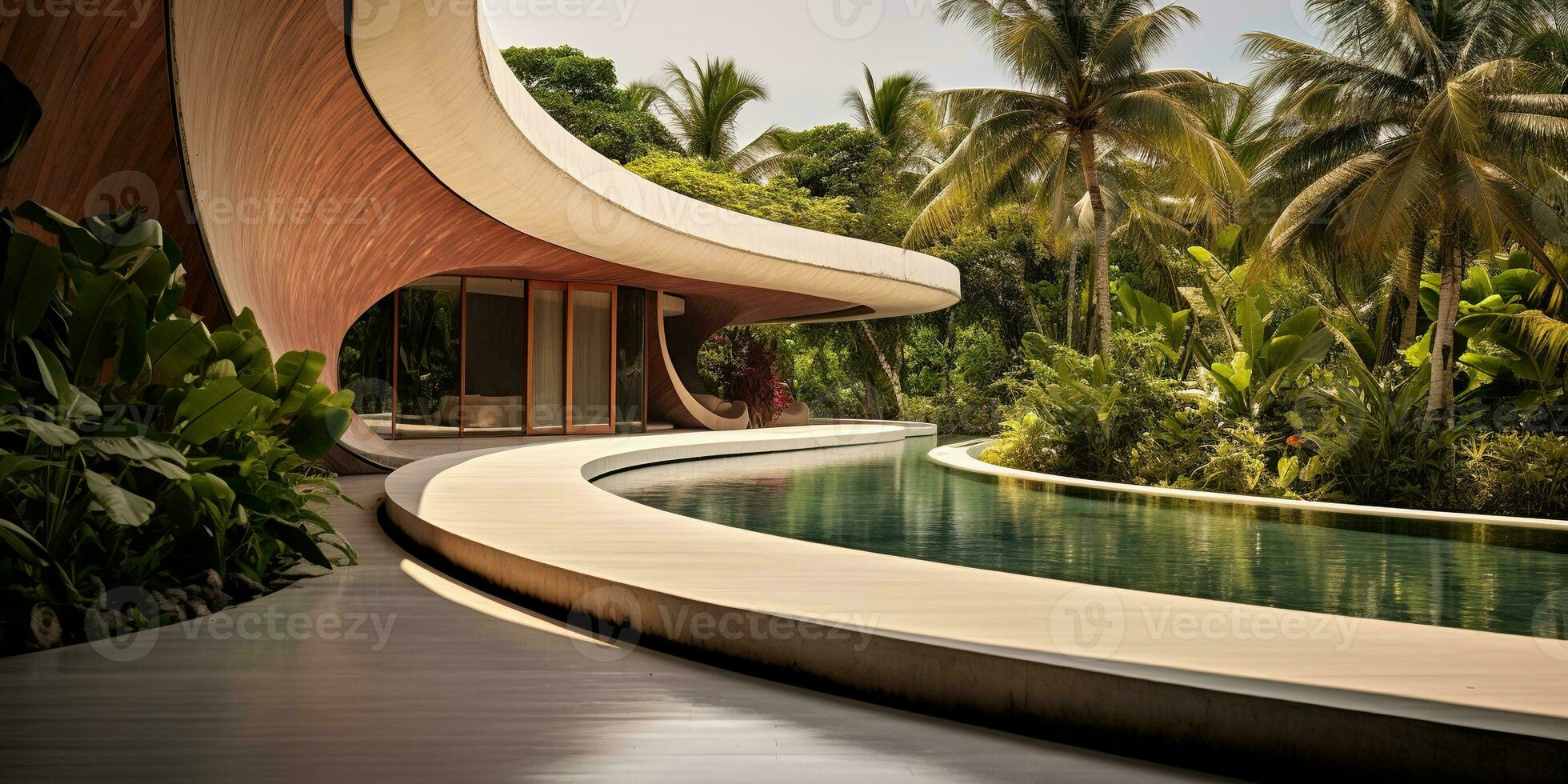 Generative AI, modern luxury house with lush tropical garden. Villa, hotel resort, architectural photography in the style of futuristic curves photo