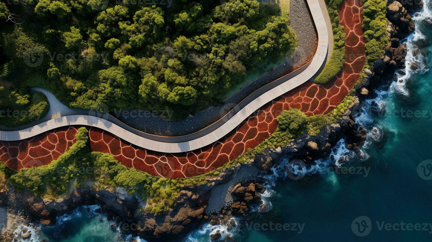 Generative AI, Aerial view of curved asphalt road near the ocean or sea, coastline photo