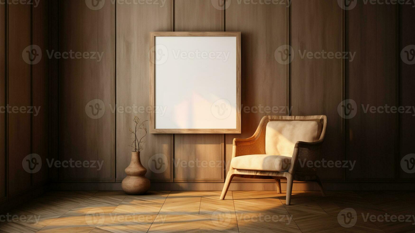 Generative AI, Poster frame mockup in beige and brown living room interior, wabi sabi minimalism style photo