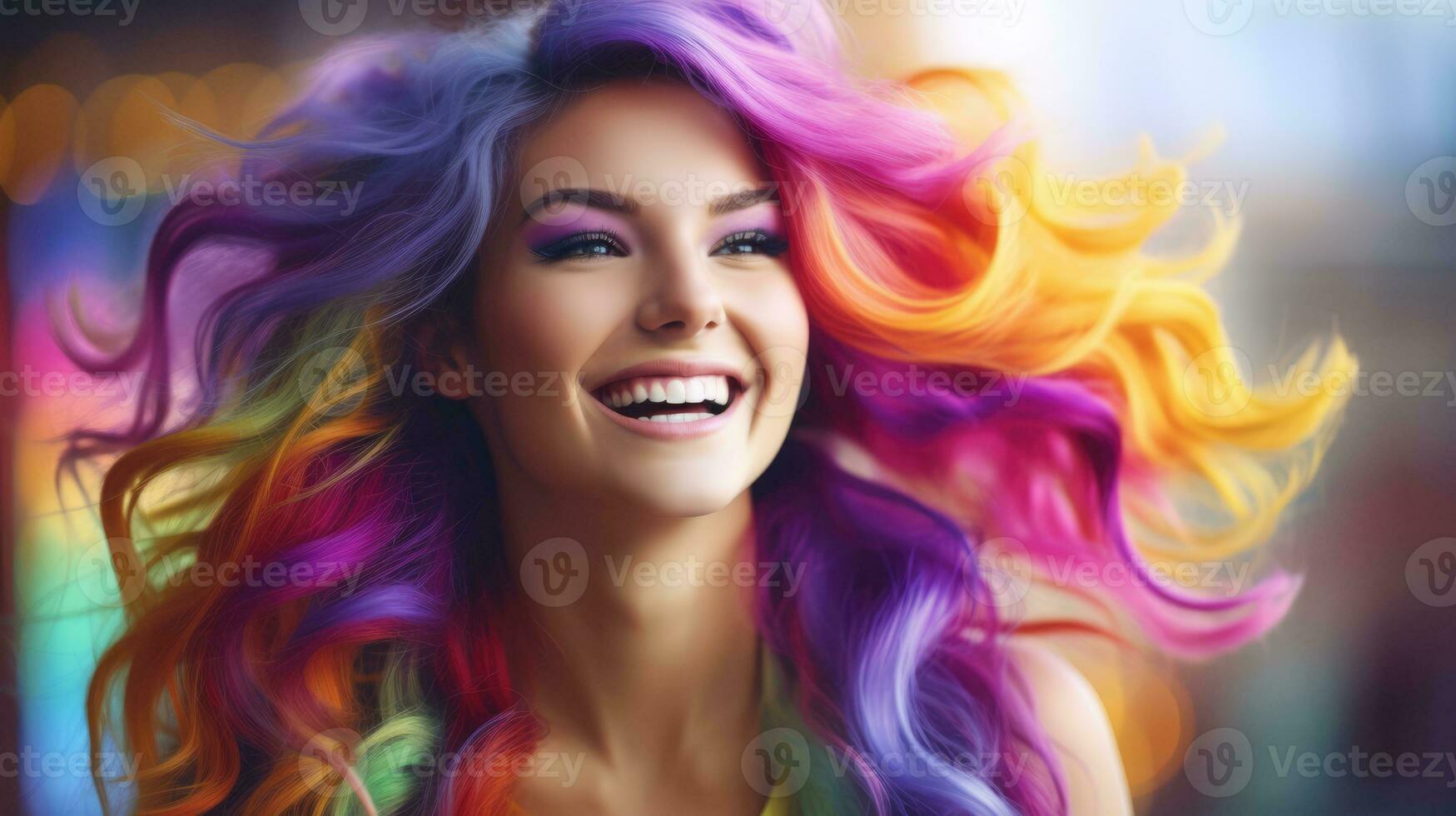 Beautiful woman with multi-colored rainbow hair and creative hairstyle. photo