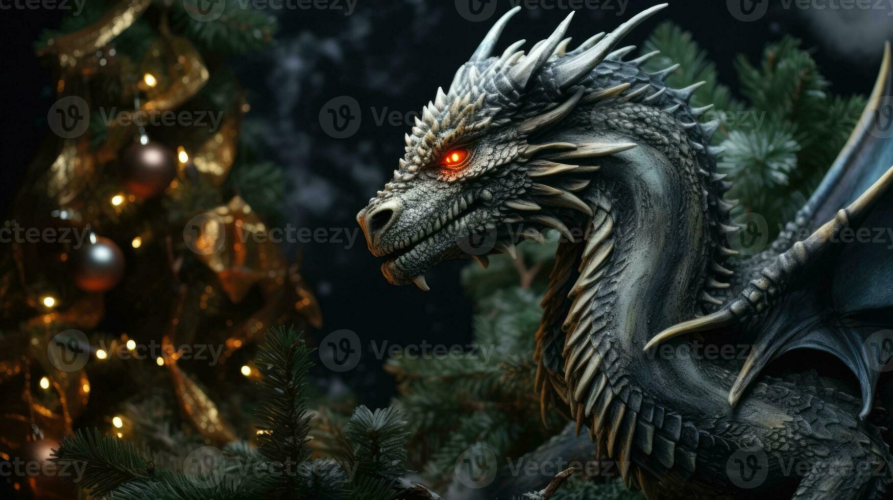 Fantasy dragon on a blurred Christmas background. New Year celebration. photo