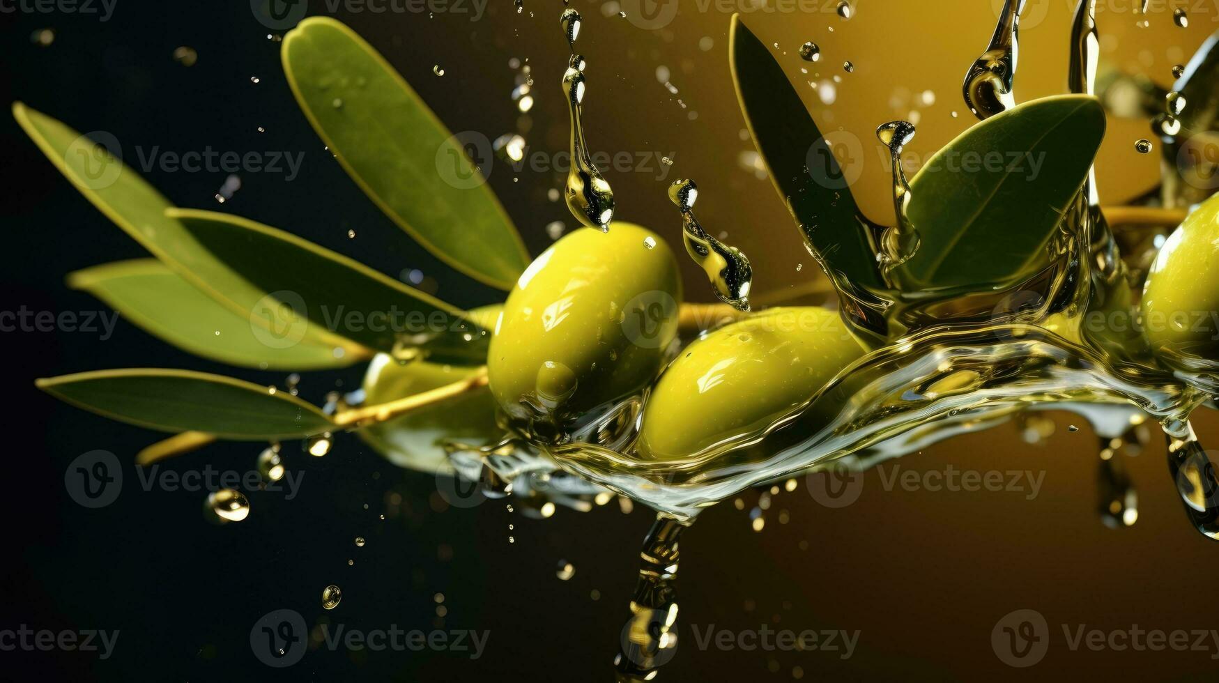 Extra virgin olive oil. Green olives in olive oil on a dark background. photo