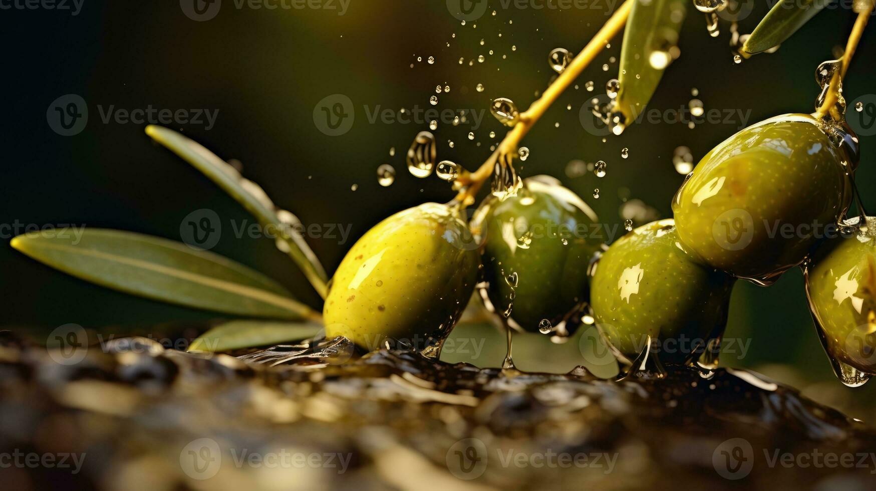 extra Virgen aceituna aceite. verde aceitunas en aceituna petróleo en un oscuro antecedentes. foto