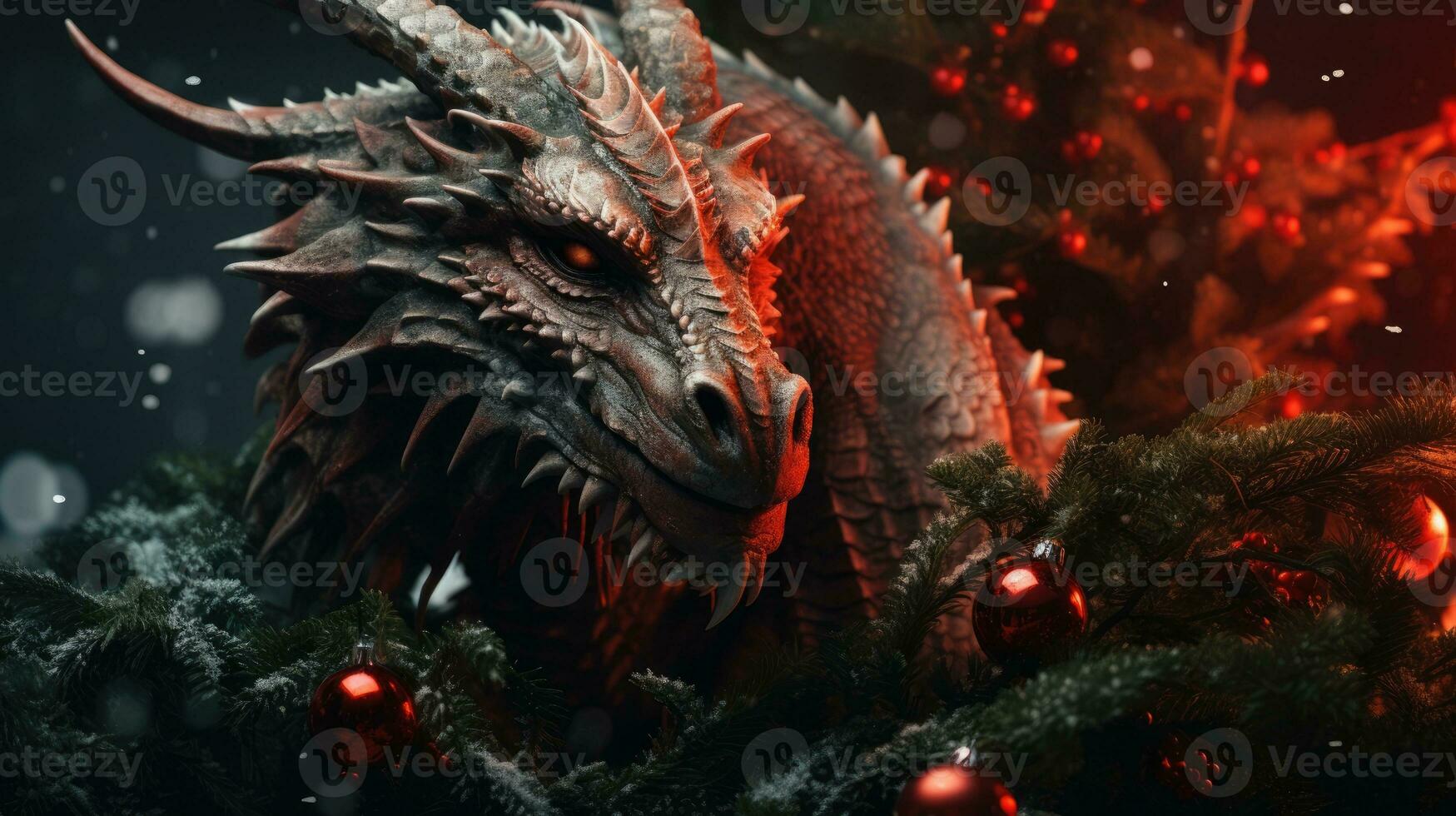 Fantasy dragon on a blurred Christmas background. New Year celebration. photo