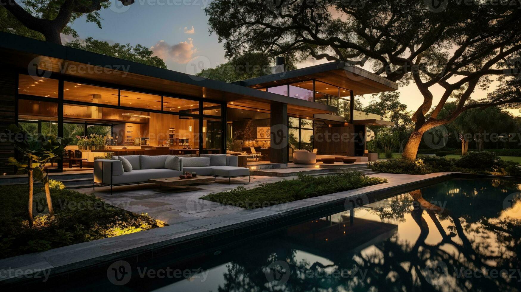 generativo ai, ver de nadando piscina en frente de un moderno lujo casa iluminado en el noche foto