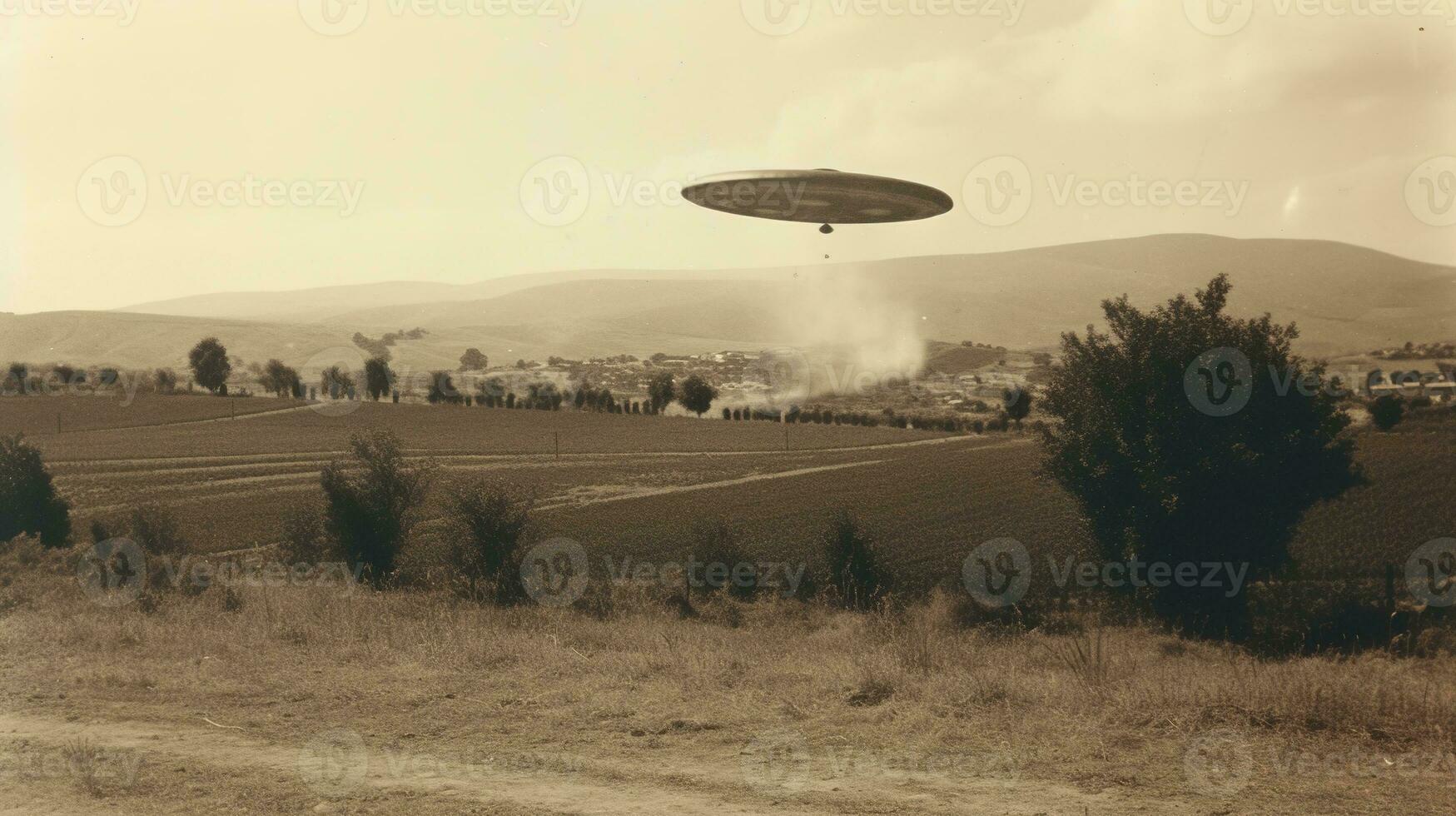 Generative AI, UFO over the Italian landscape vintage photo, aliens witnesses retro 1930s style photography photo