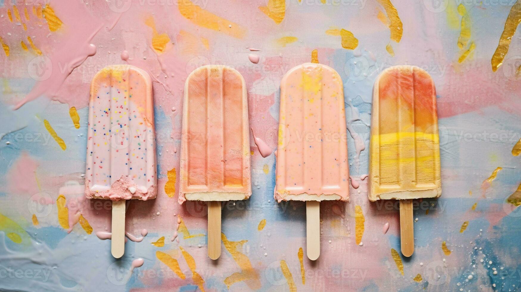 Generative AI, Fruit ice cream or sorbet on a stick, bright color, summer mood, panoramic view photo