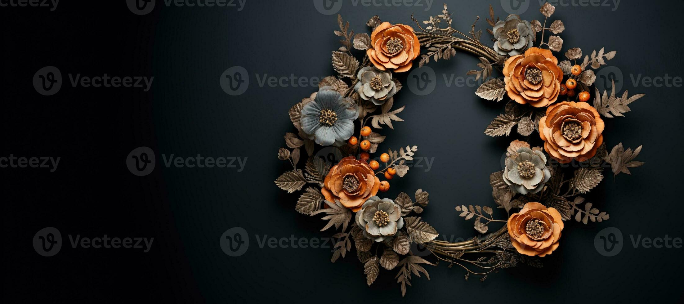 Generative AI, Close up wreath, blooming flowerbeds of amazing orange flowers on dark moody floral textured background. photo