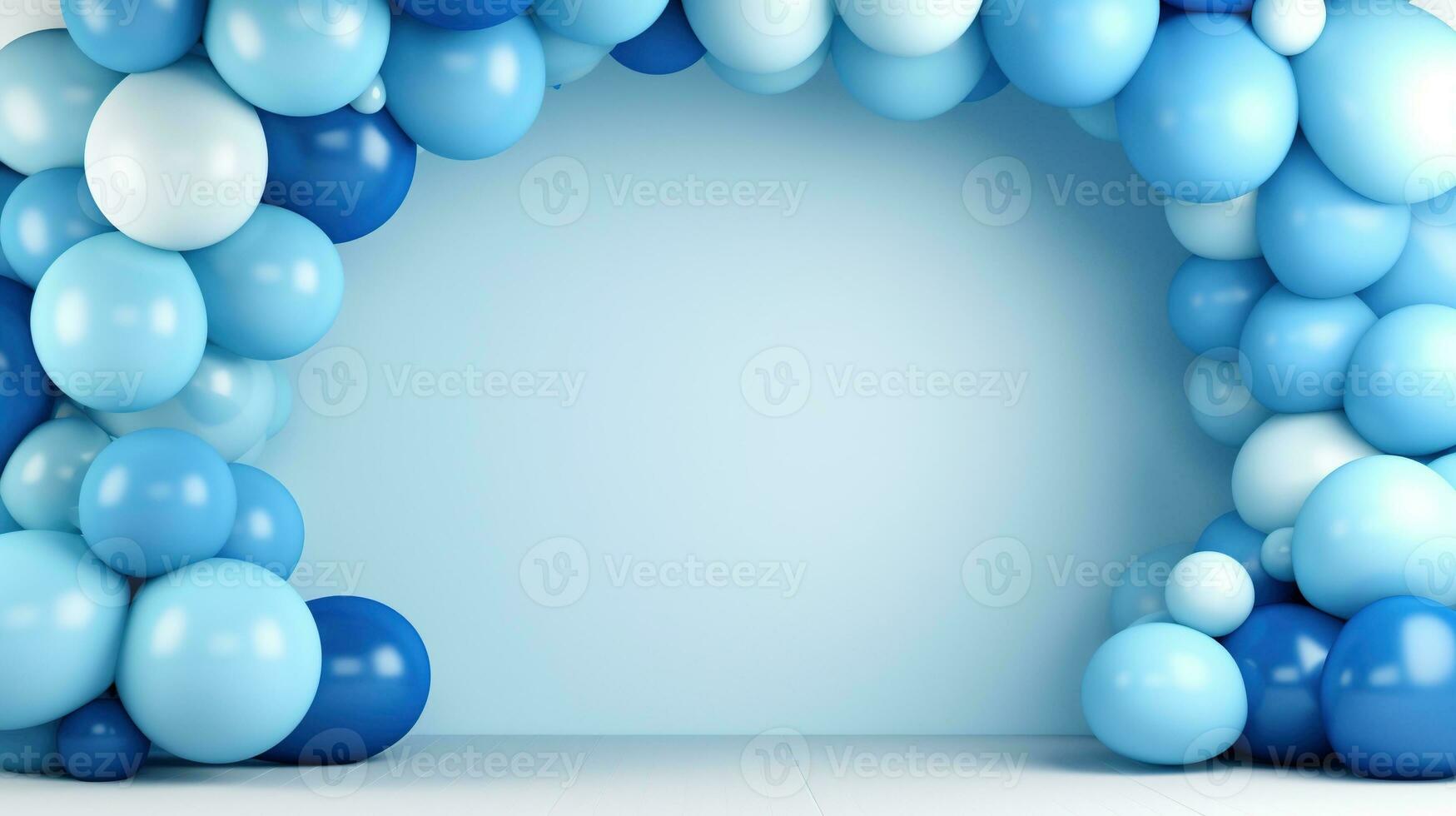 Generative AI, arch of blue balloons. Birthday party for boy 3d background, shower. Mockup, template for greetiing card. photo