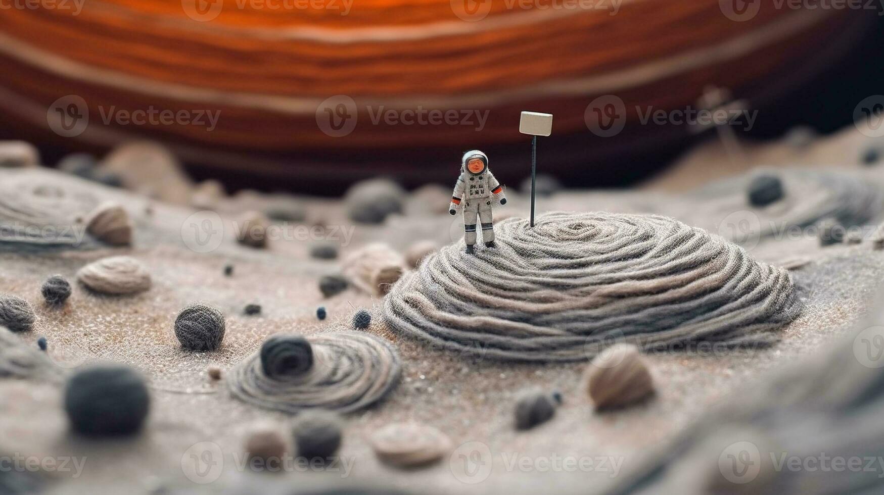 Generative AI, Space adventure illustration made of wool. Cosmic planet craft landscape with astronaut. photo