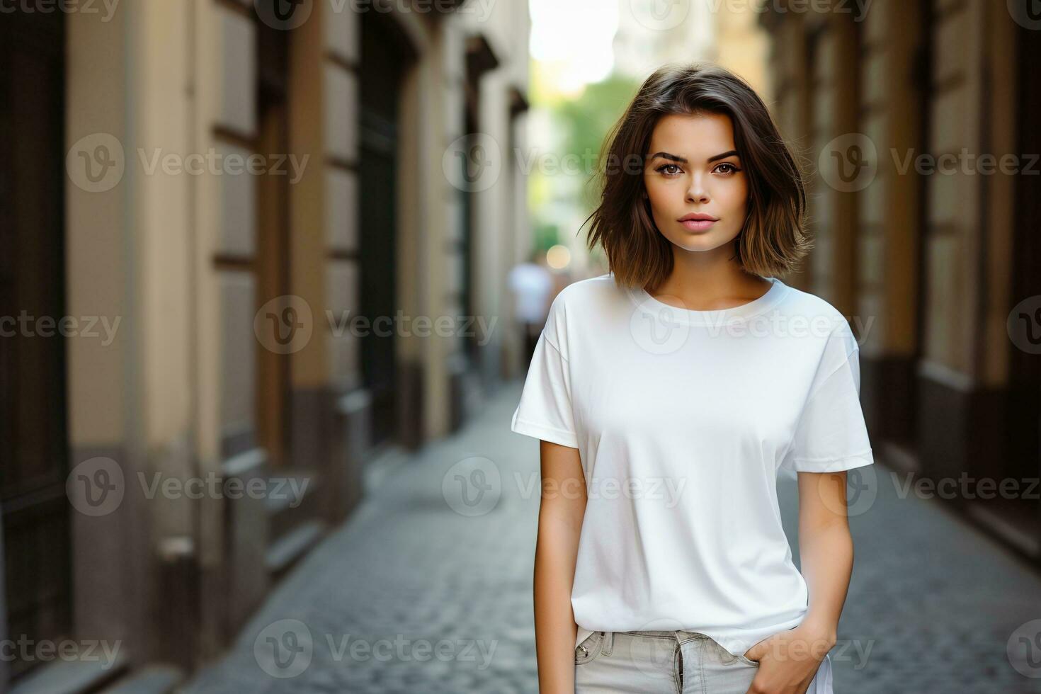 Generative AI, Realistic white T-Shirt mock up blank put on young pretty woman, copy space for presentation advertising. Blank business concept photo
