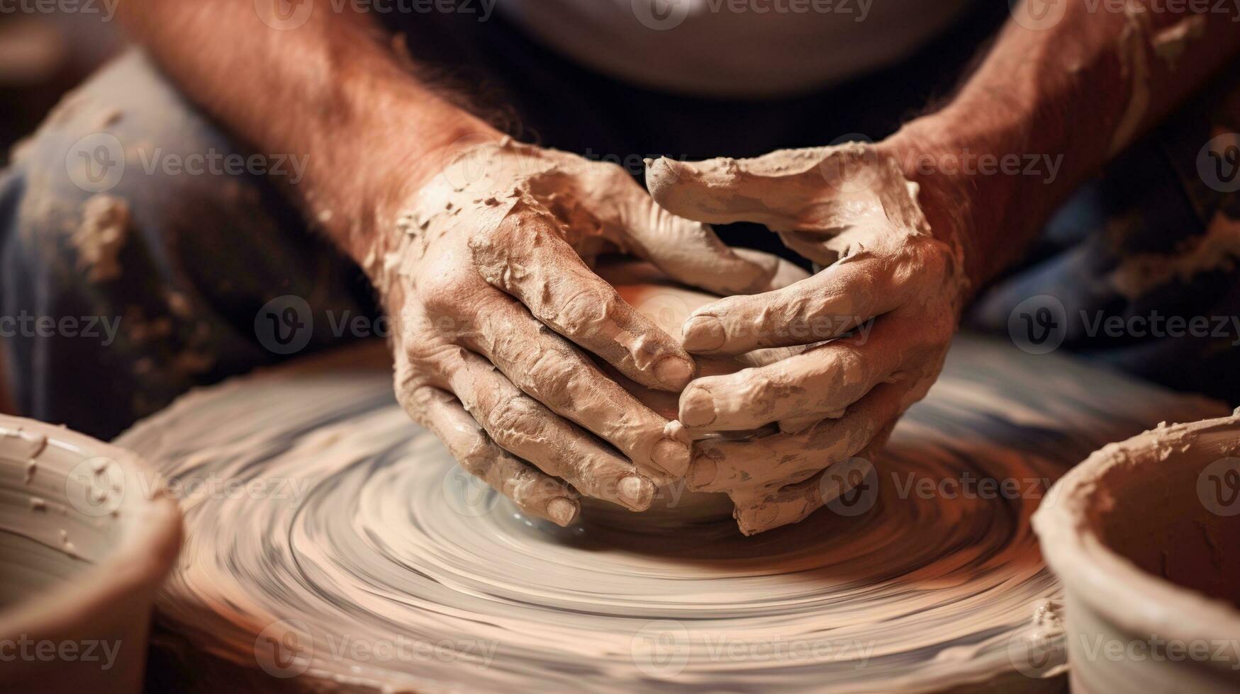 Generative AI, hands with clay making of a ceramic pot in the pottery studio, hobby and leisure concept photo