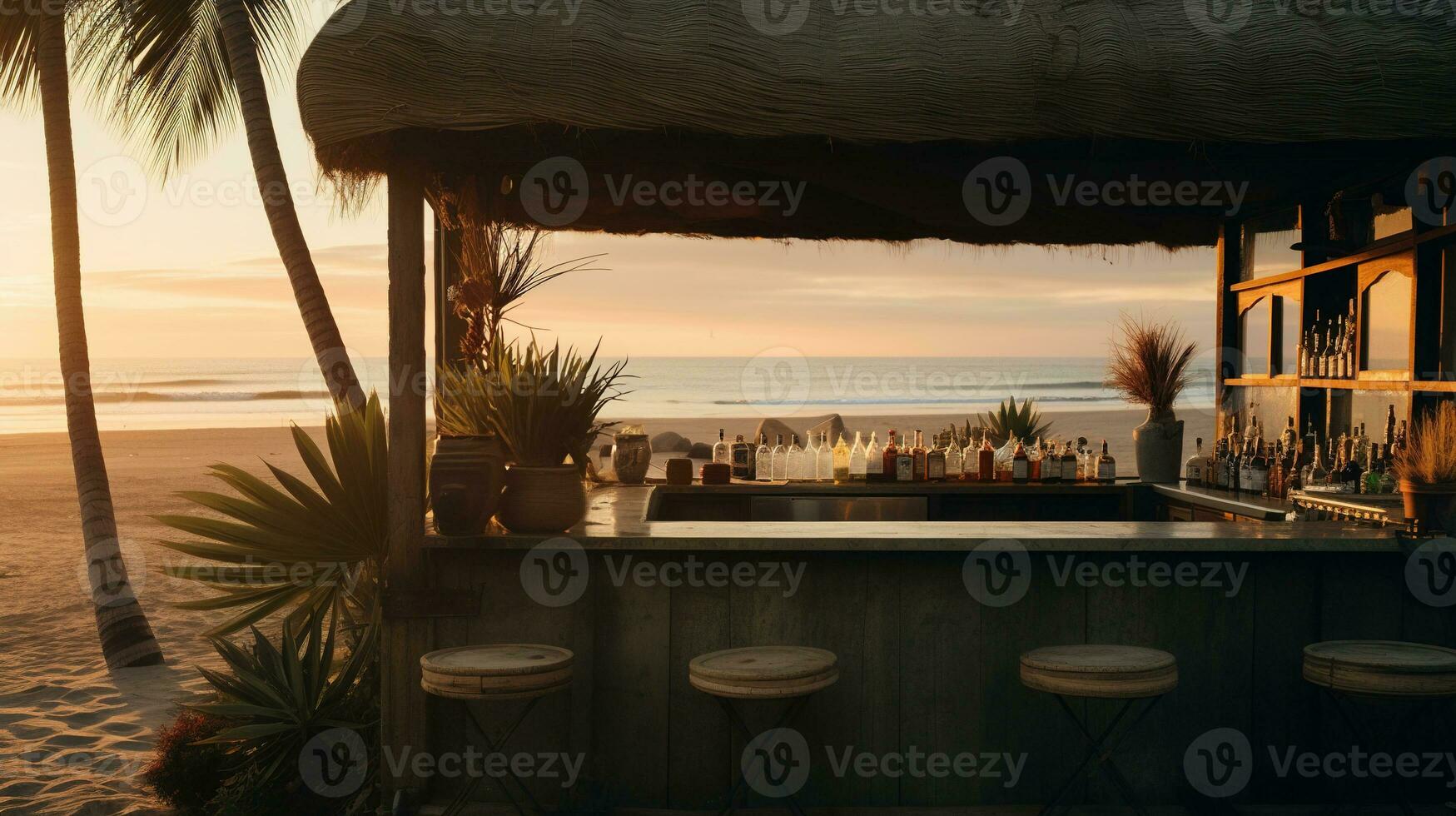 Generative AI, summer sunset beach bar background. Outdoor restaurant, Led light candles and wooden tables, chairs under beautiful sunset sky, sea view. photo