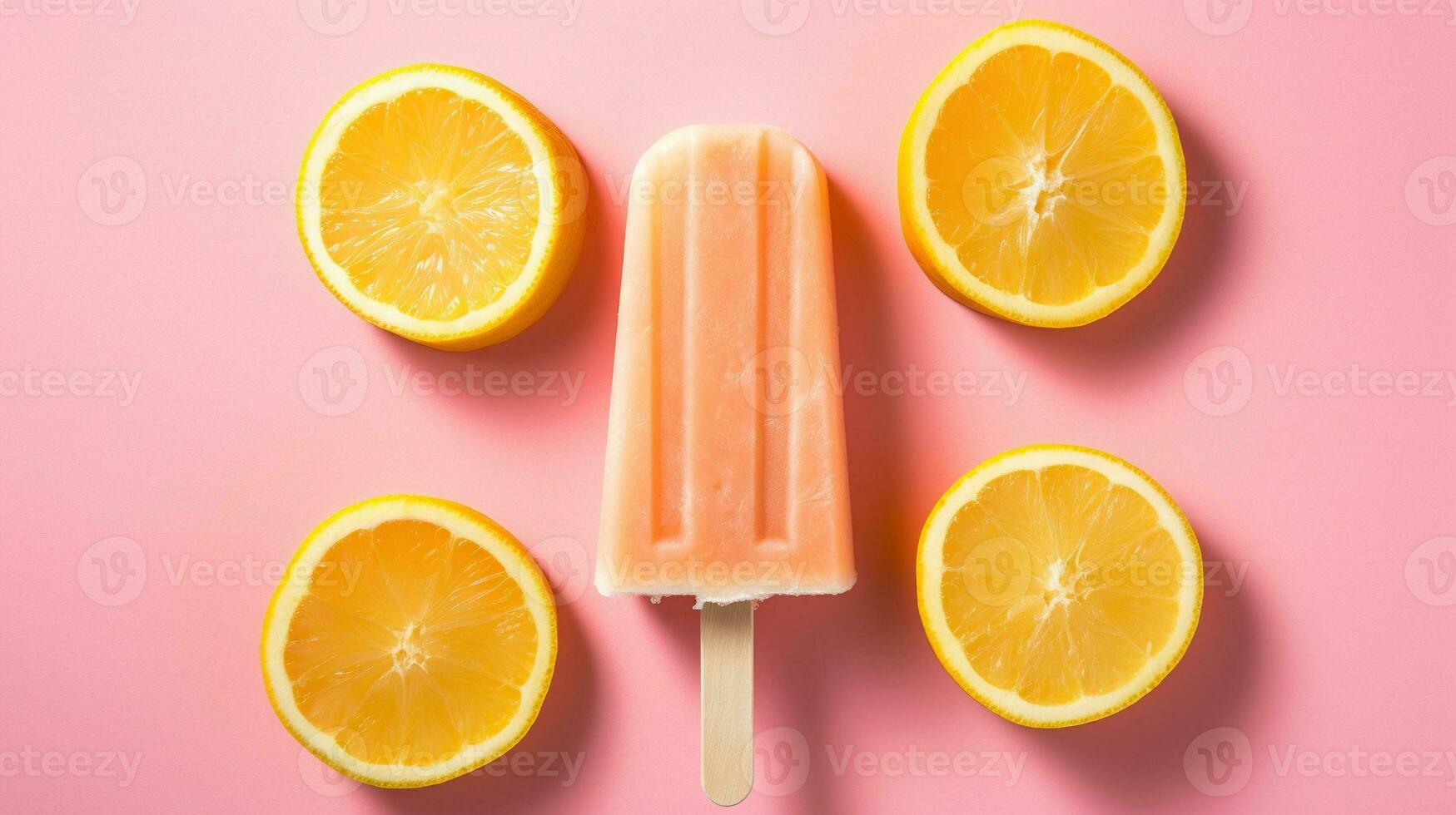 Generative AI, Fruit ice cream or sorbet on a stick, bright color, summer mood, panoramic view photo