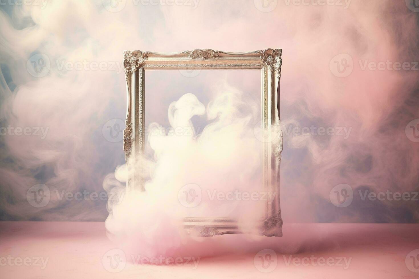 Generative AI, pastel light smoke around empty vintage beautiful frame. photo