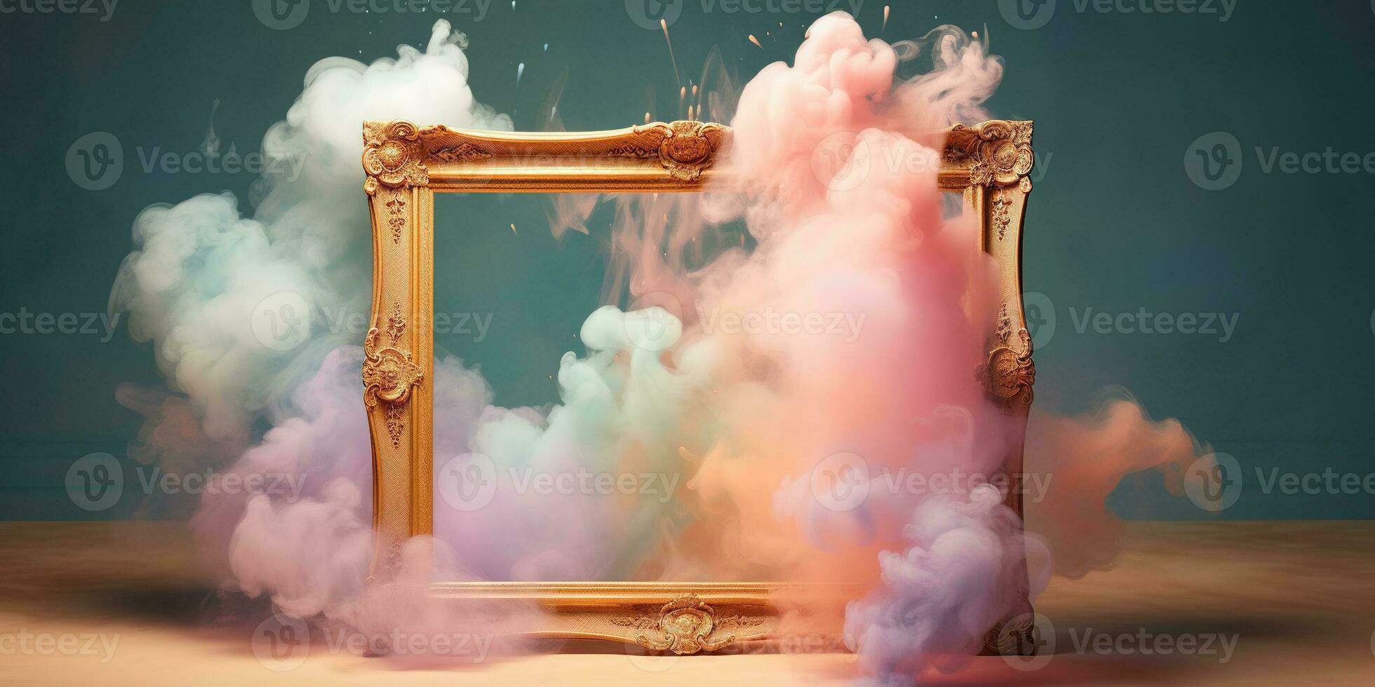 Generative AI, pastel light smoke around empty vintage beautiful frame. photo