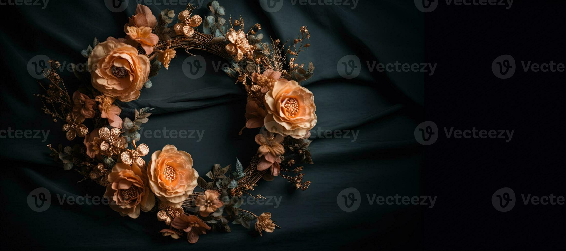 Generative AI, Close up wreath, blooming flowerbeds of amazing orange flowers on dark moody floral textured background. photo