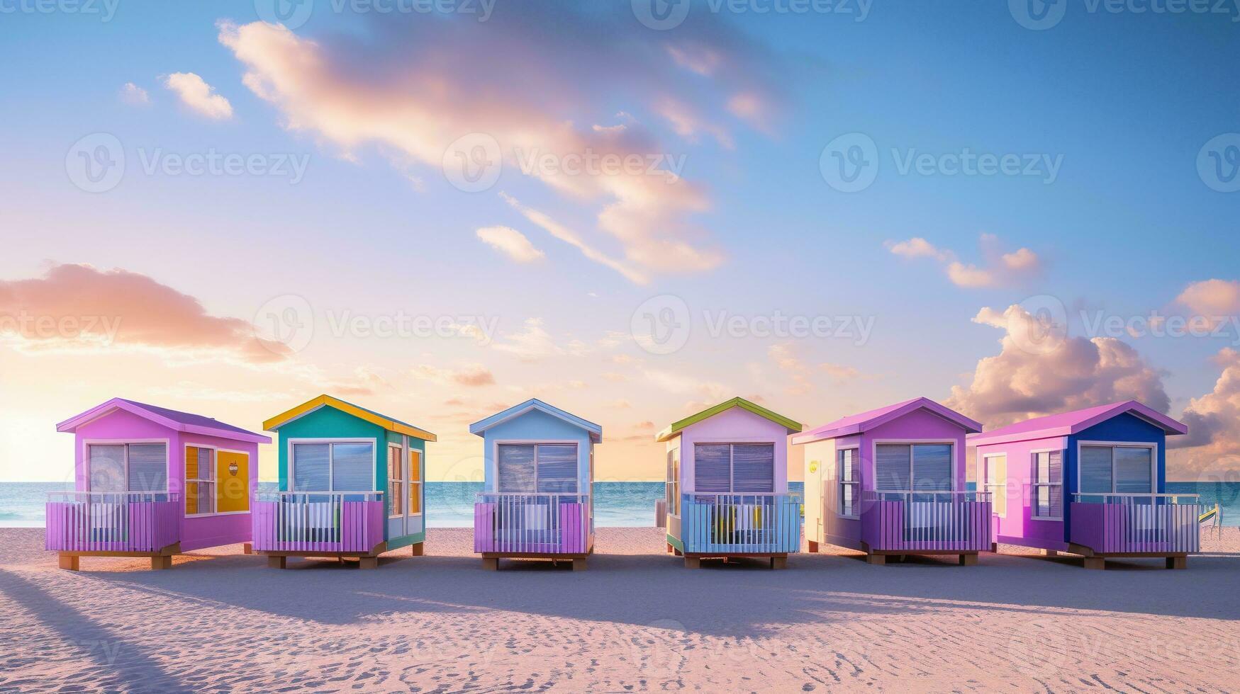 Generative AI, Miami beach huts, Summer Vibes retro illustration. Vintage pink and blue colors, buildings, California palms, 80s style photo