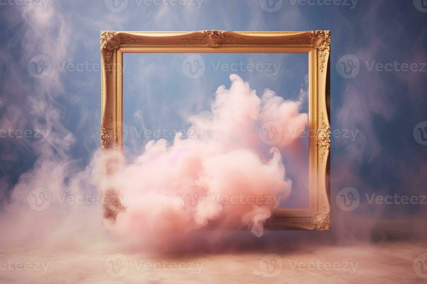 Generative AI, pastel light smoke around empty vintage beautiful frame. photo