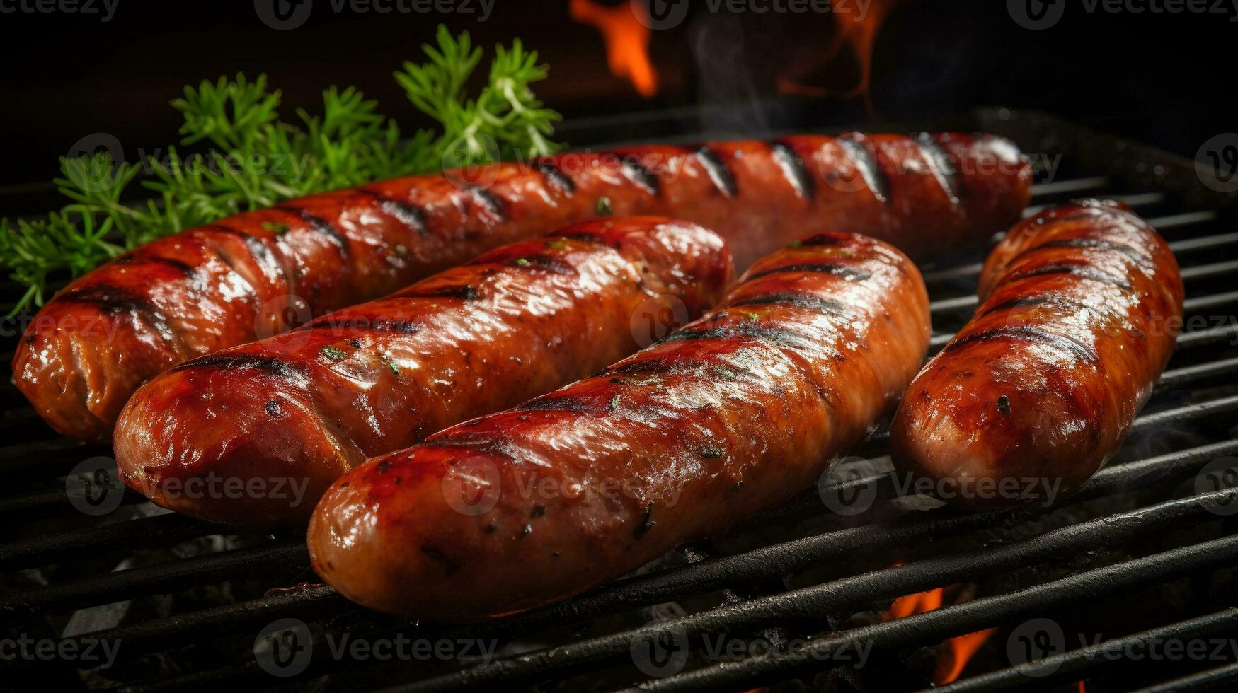 Generative AI, Grilled sausages on a plate, dark background, barbeque food photo