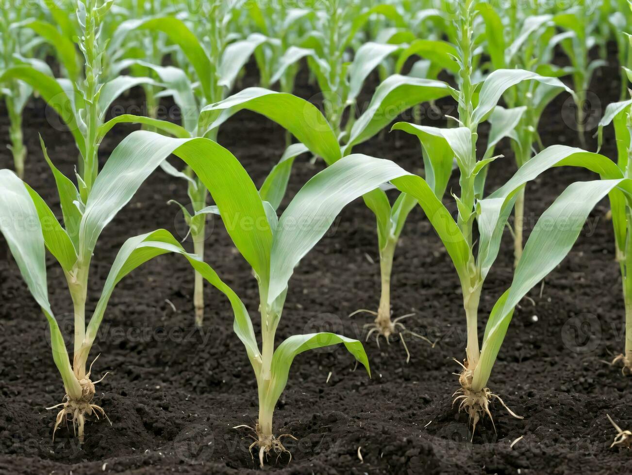 un fila de verde maíz plantas creciente en un campo. ai generado foto