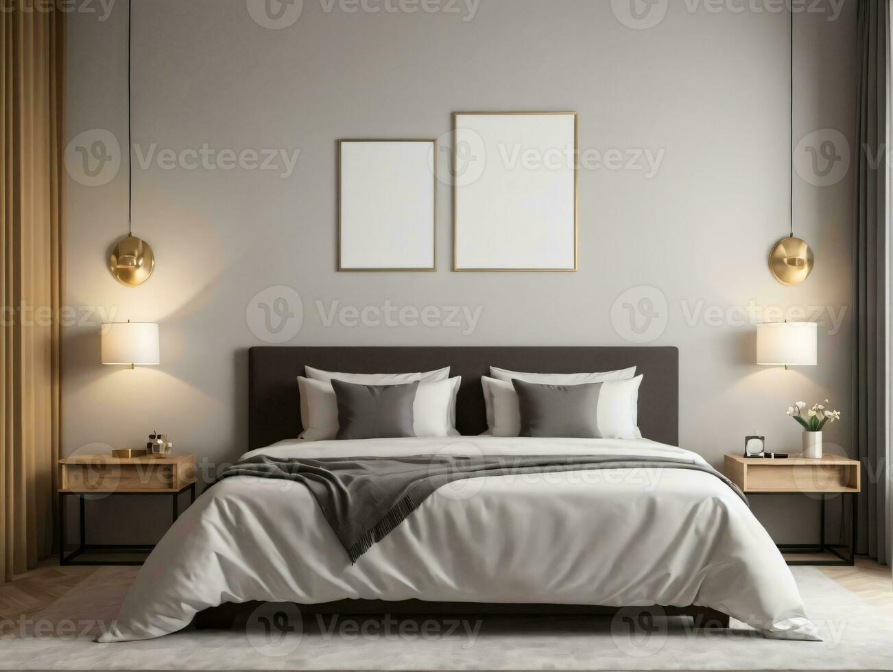 un dormitorio con un grande cama y dos enmarcado imágenes en el pared. ai generado foto
