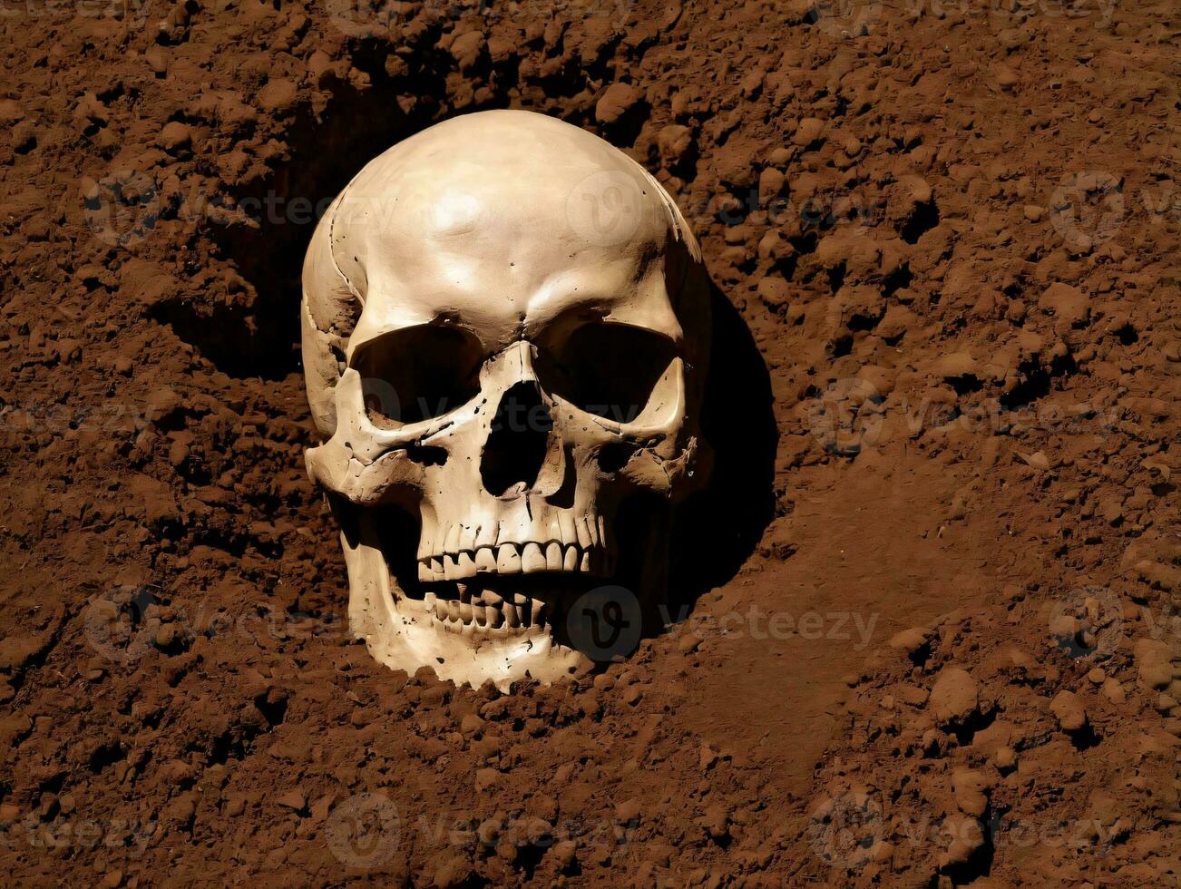 A Skull In The Middle Of A Dirt Field. AI Generated photo