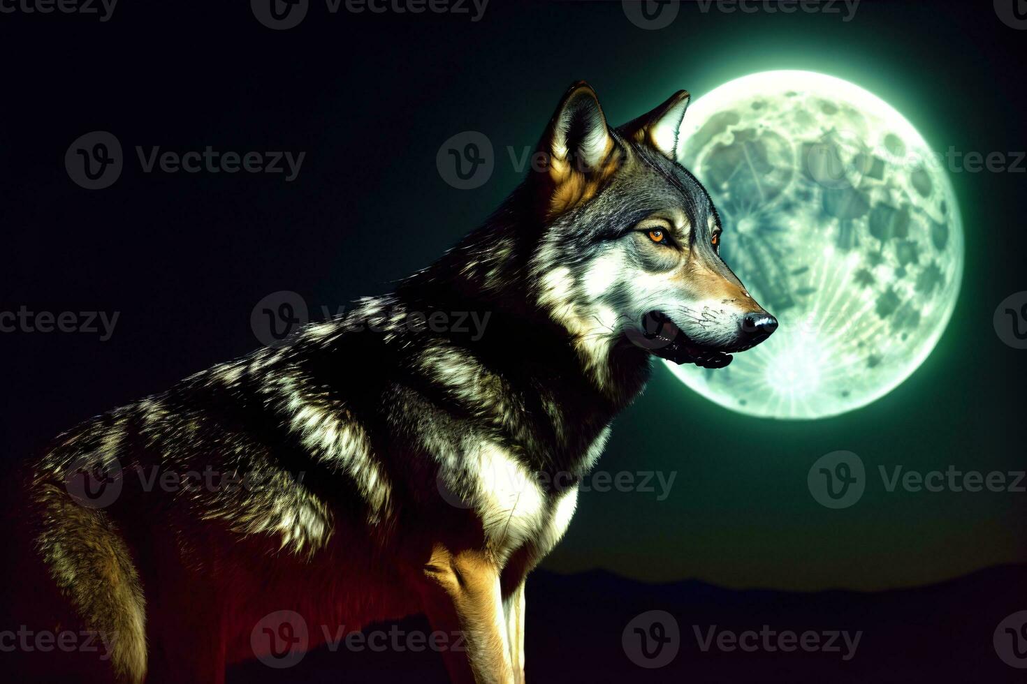 A Wolf Standing In Front Of A Full Moon. AI Generated photo