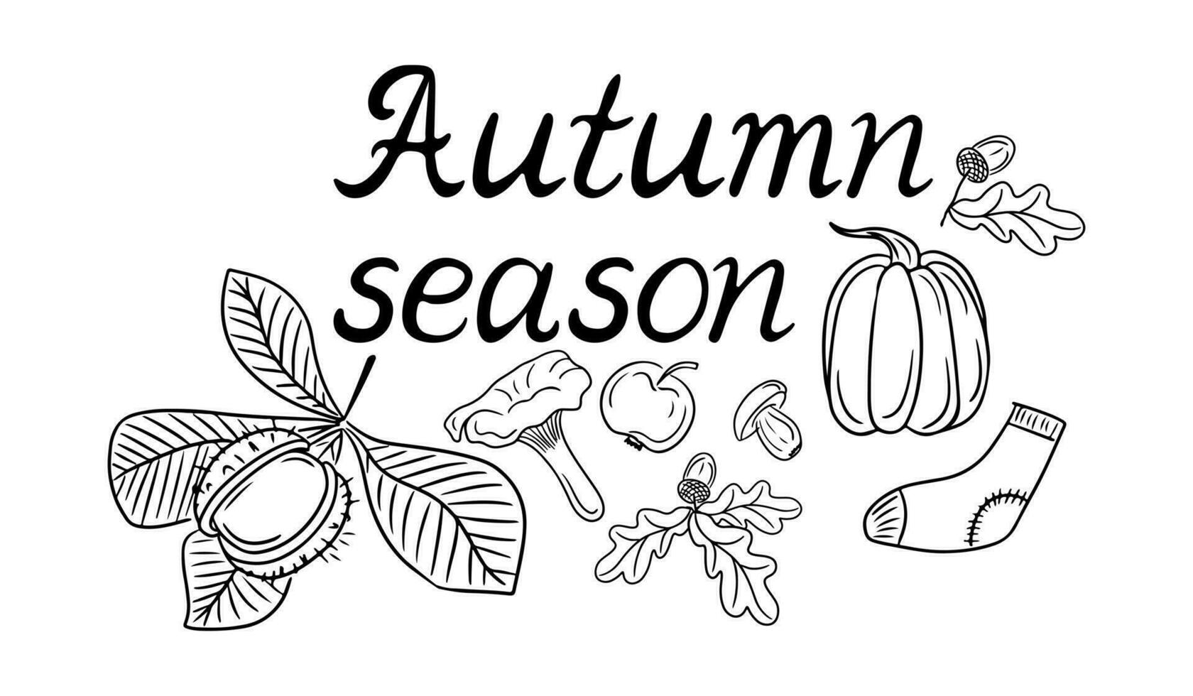 Hand drawn sketch autumn season lettering, quote or pharse for greeting cards, banners, posters design, stickers, coloring pages. Autumn season slogan in retro style. Black and white doodle design vector