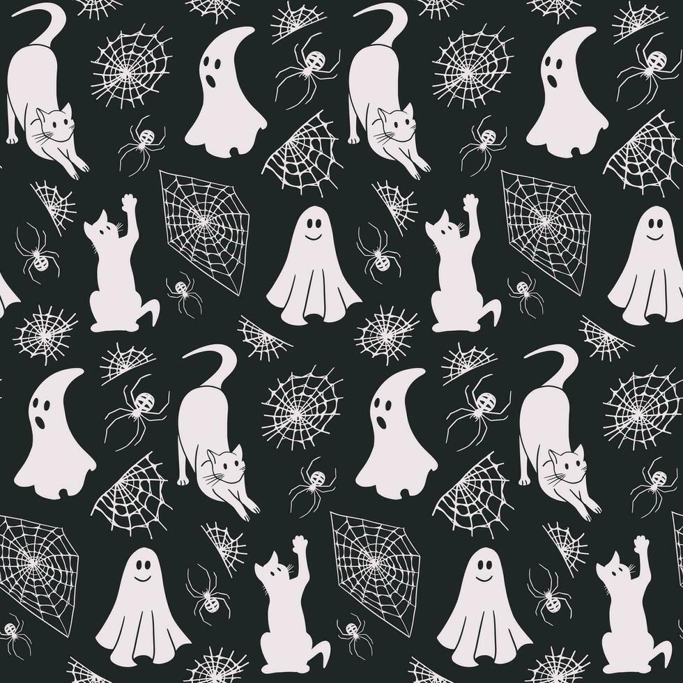 Black and white silhouette halloween seamless pattern with ghost, spider web, cats and spiders. Isolated outline spooky elements on black background. Dark theme for decoration, textile, wrapping paper vector