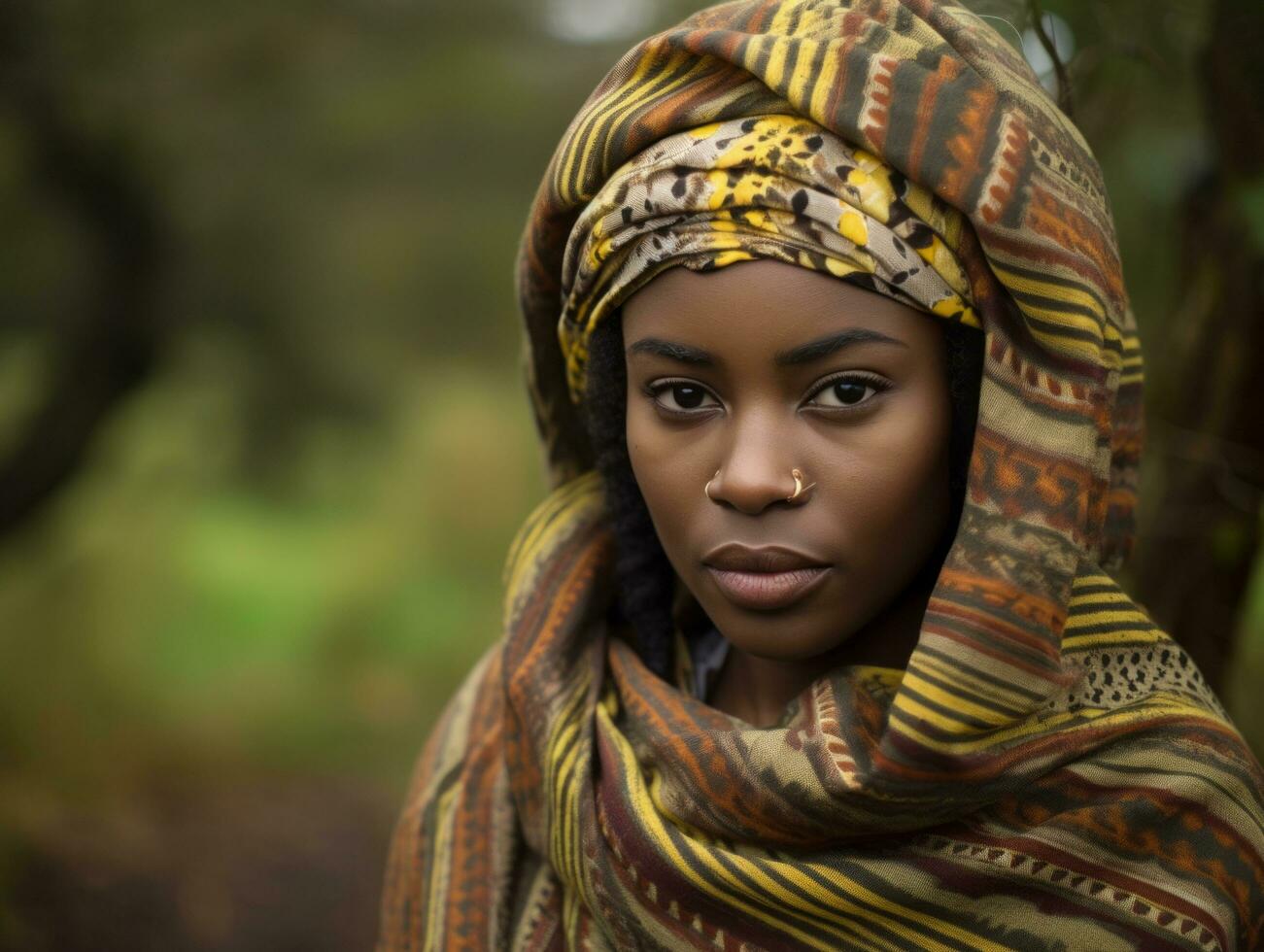 photo of emotional dynamic pose African woman in autumn AI Generative