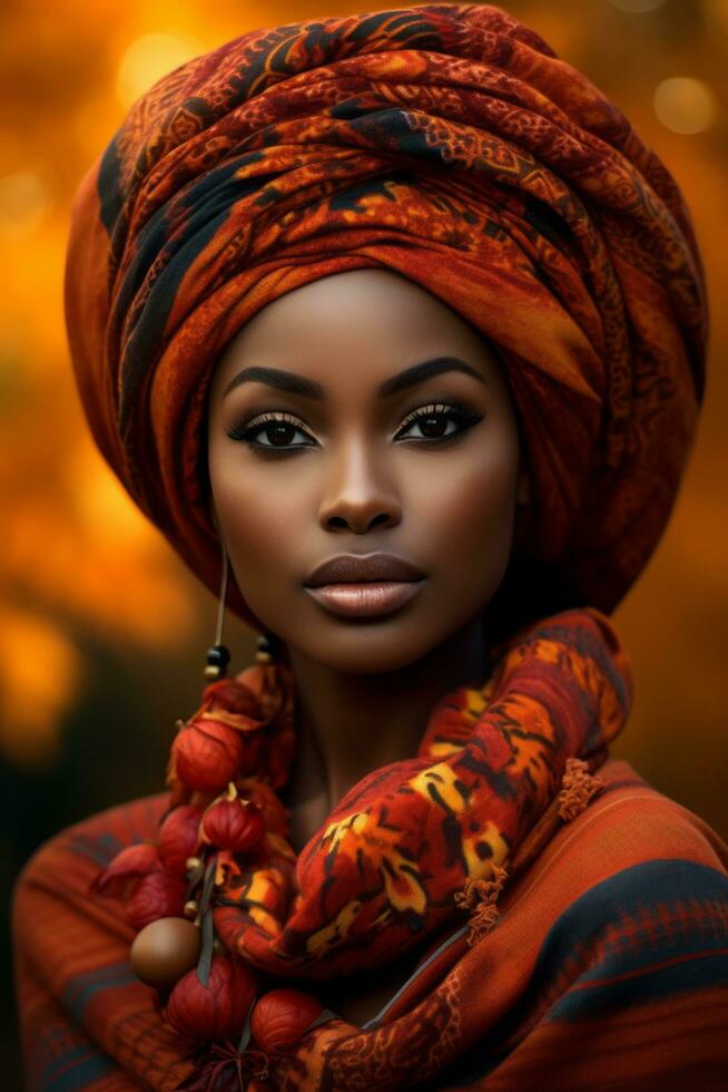 photo of emotional dynamic pose African woman in autumn AI Generative