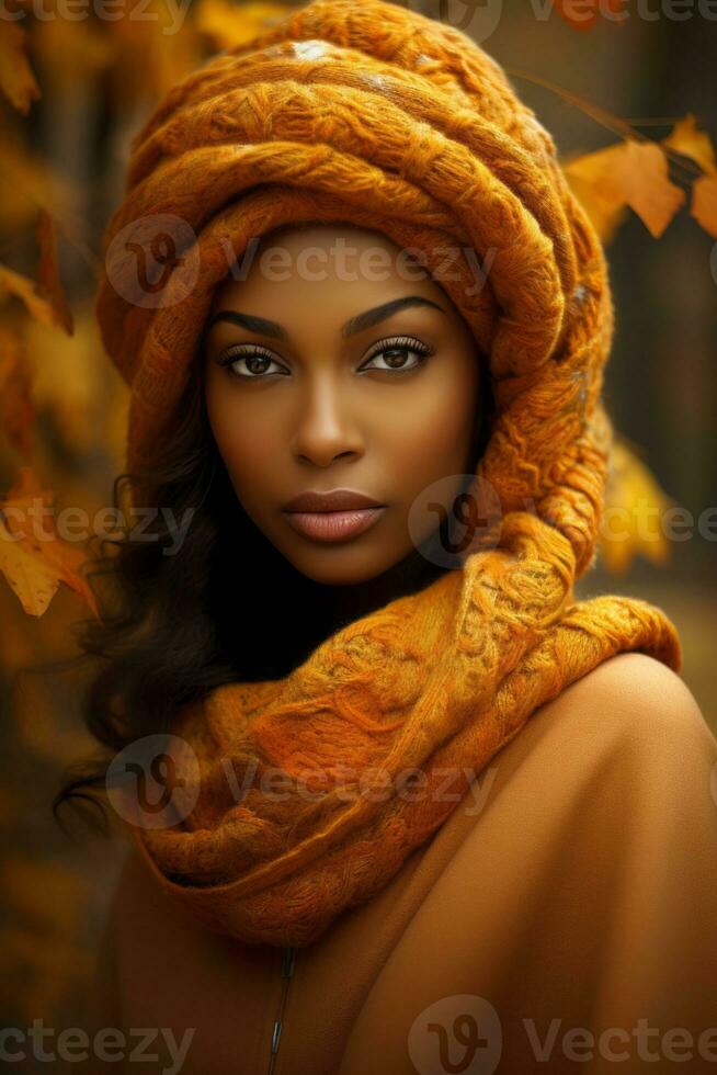 foto de emocional dinámica actitud africano mujer en otoño ai generativo