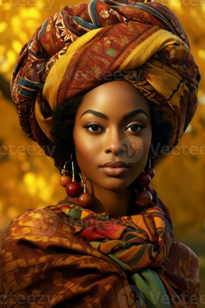 photo of emotional dynamic pose African woman in autumn AI Generative