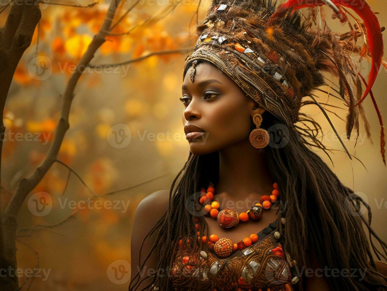 photo of emotional dynamic pose African woman in autumn AI Generative