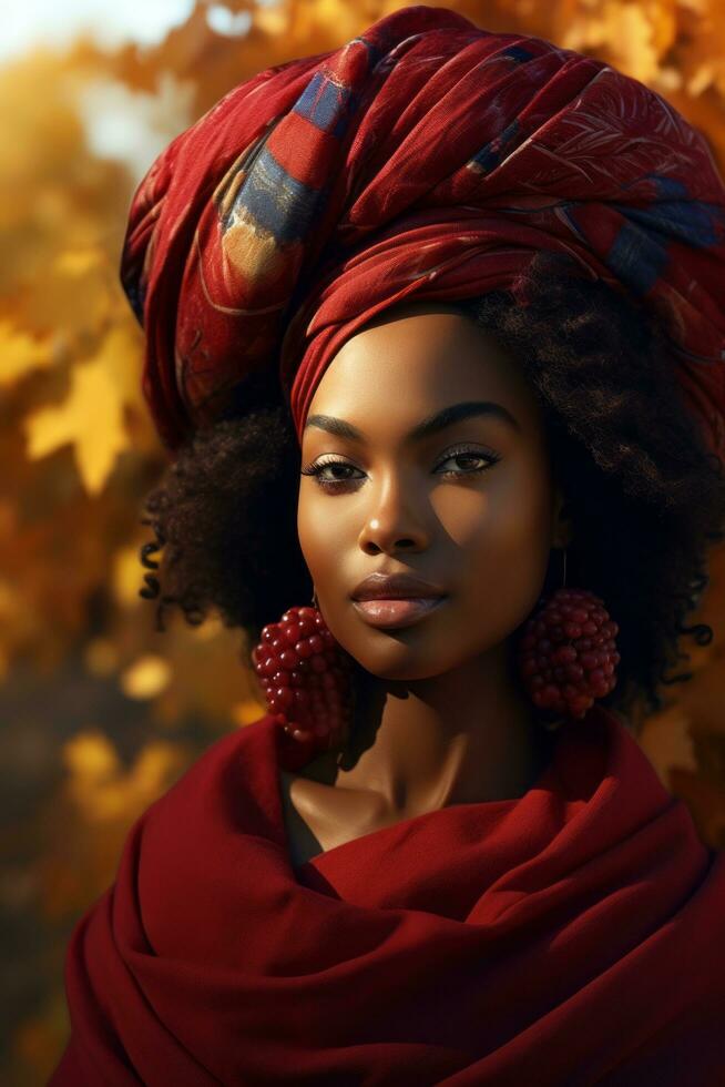 photo of emotional dynamic pose African woman in autumn AI Generative