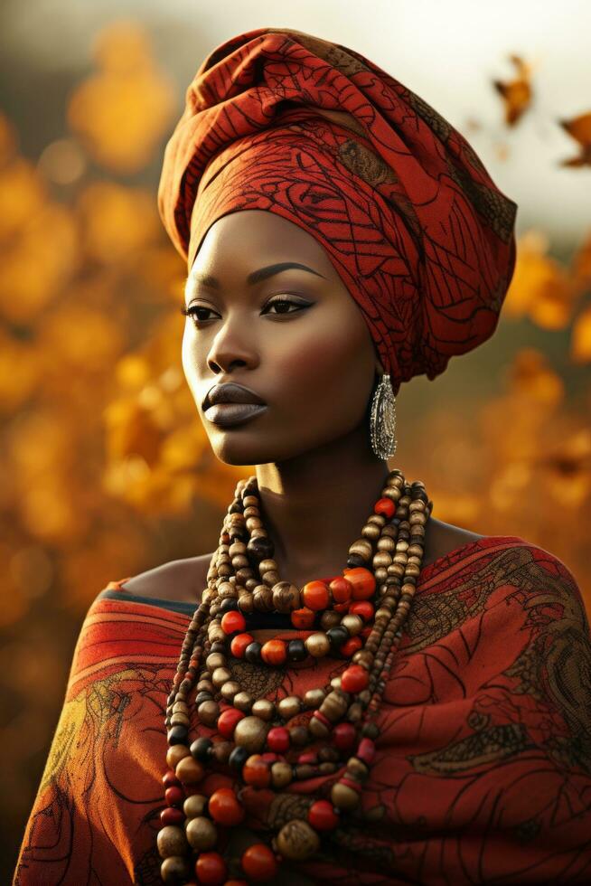 photo of emotional dynamic pose African woman in autumn AI Generative