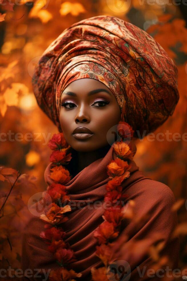 photo of emotional dynamic pose African woman in autumn AI Generative