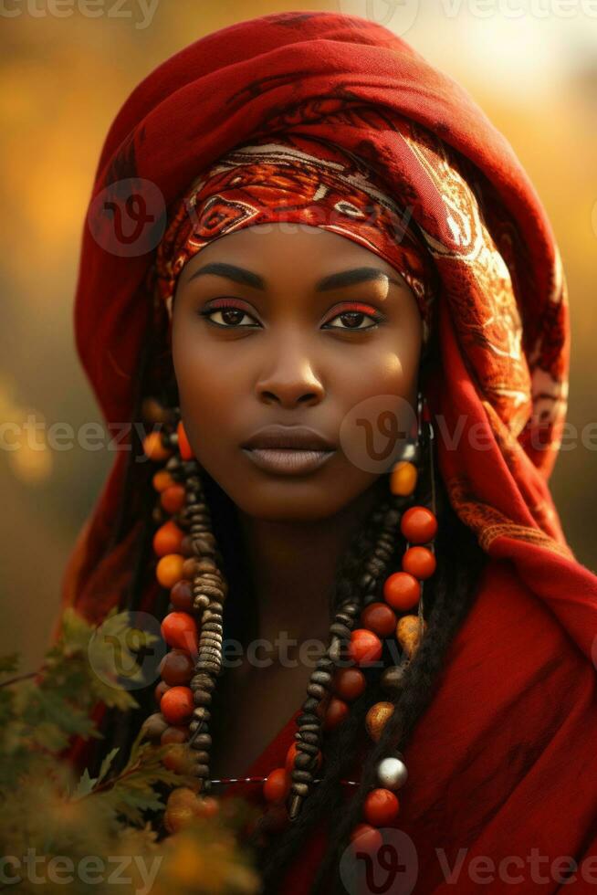 photo of emotional dynamic pose African woman in autumn AI Generative