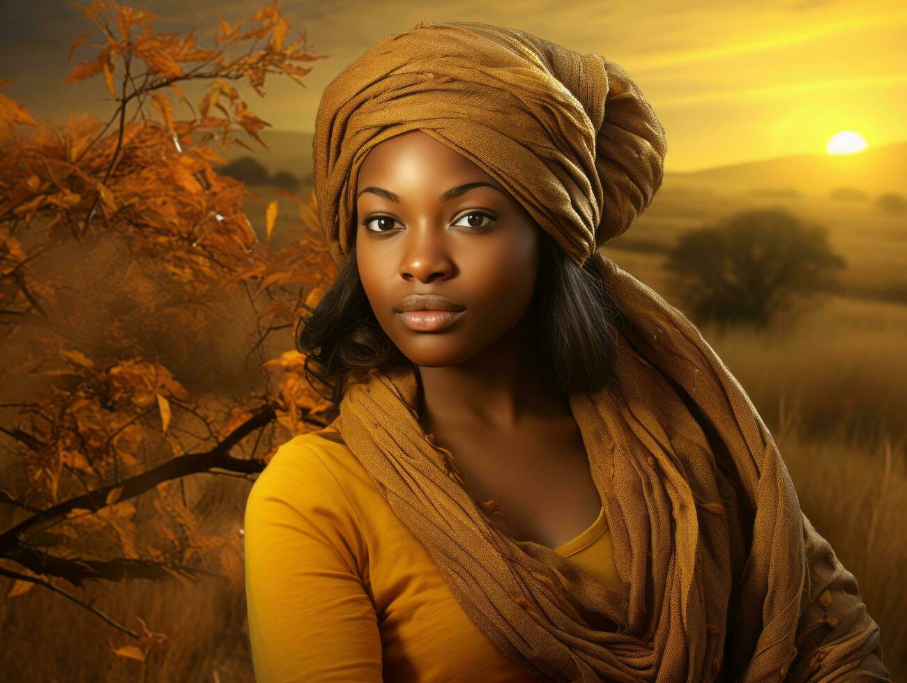 photo of emotional dynamic pose African woman in autumn AI Generative