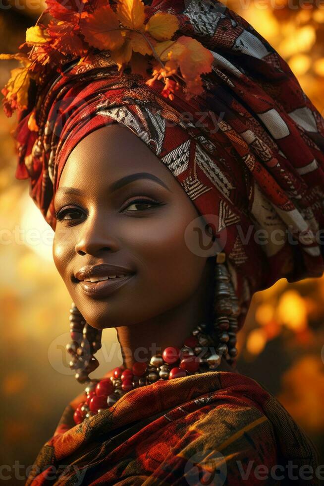 photo of emotional dynamic pose African woman in autumn AI Generative