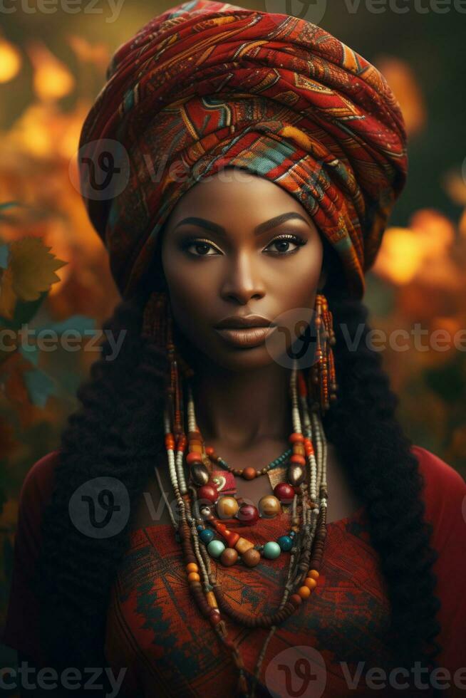 photo of emotional dynamic pose African woman in autumn AI Generative