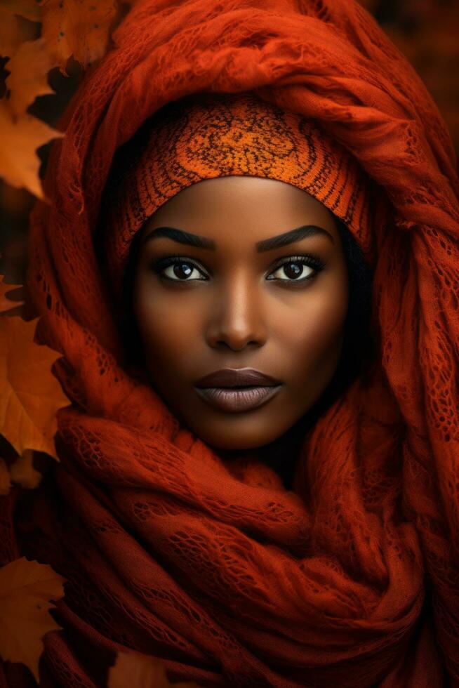 photo of emotional dynamic pose African woman in autumn AI Generative
