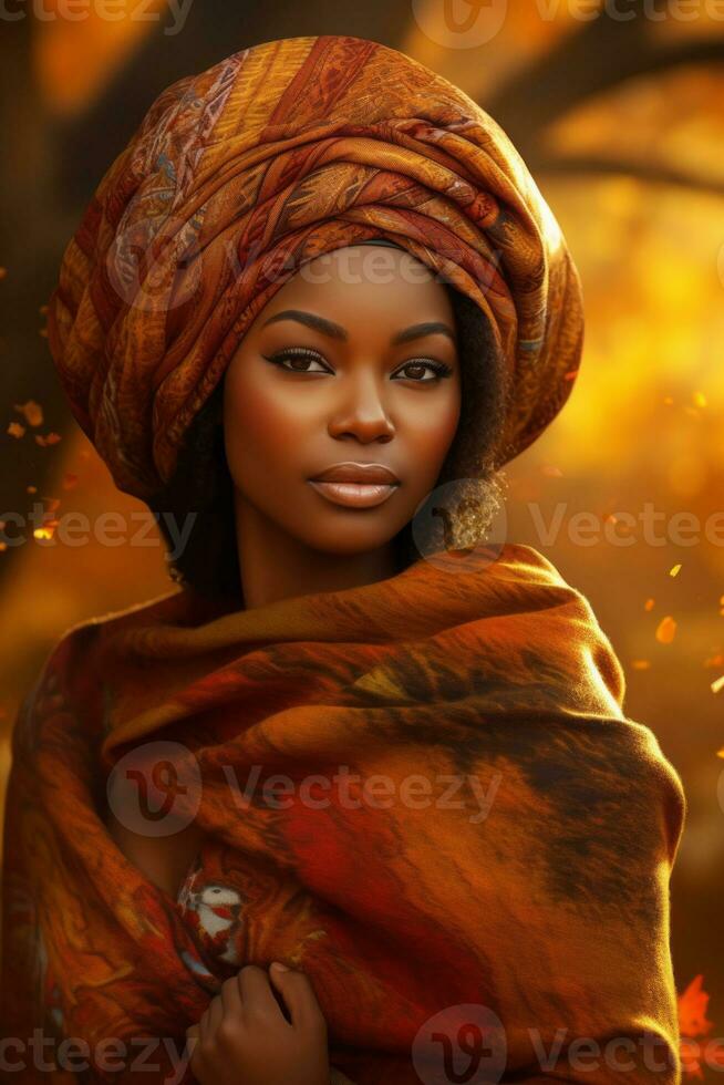 foto de emocional dinámica actitud africano mujer en otoño ai generativo